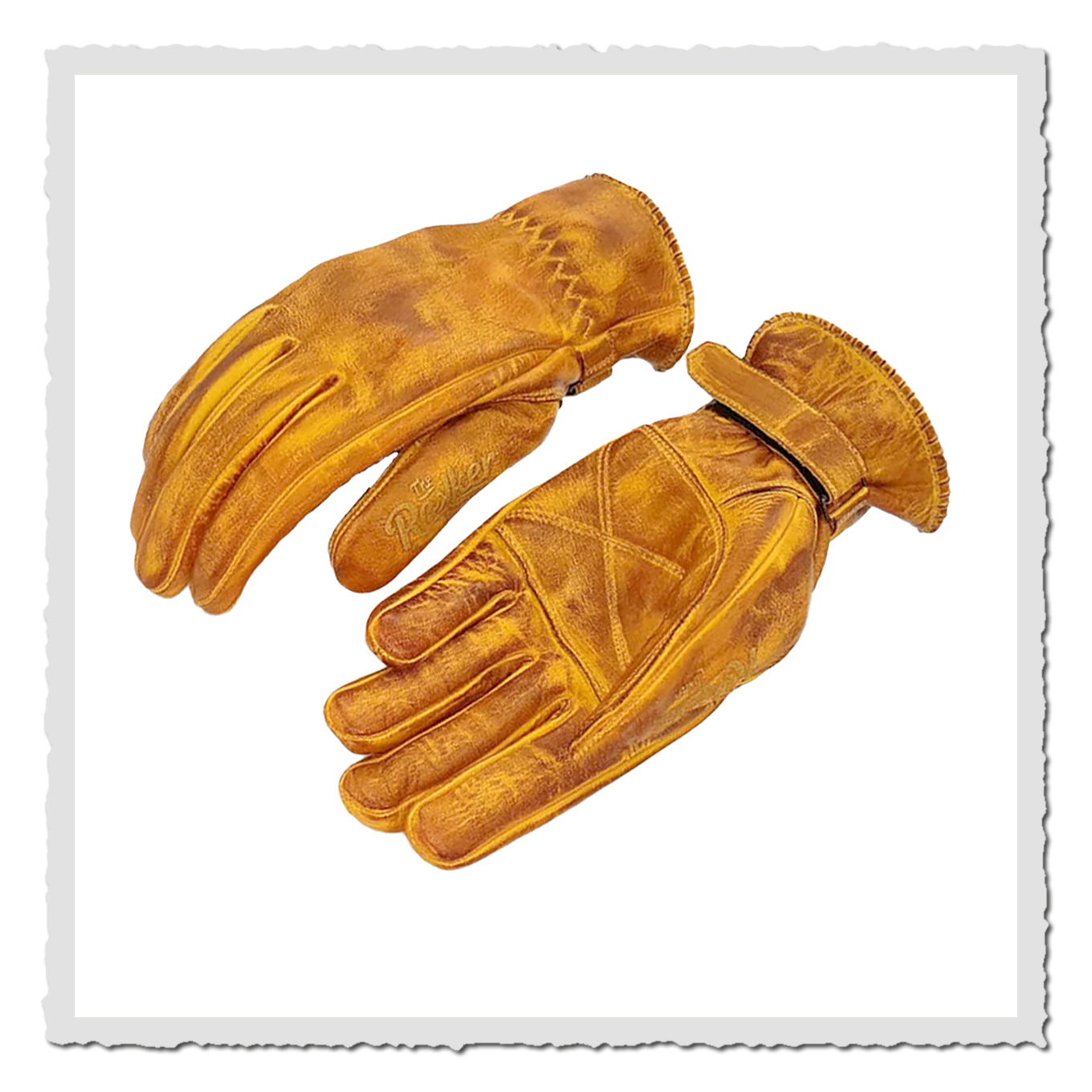 Zwei gelbe Lederhandschuhe auf weißem Hintergrund, Handrücken und Innenfläche sichtbar, leicht schräg fotografiert.